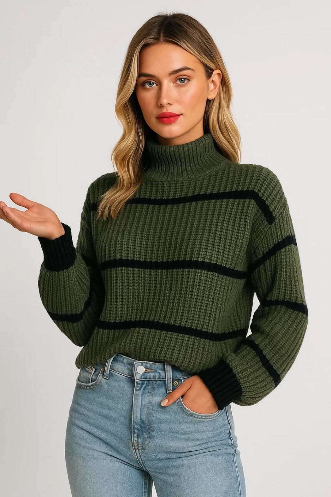 SERELLE STAND COLLAR STRIPED SWEATER - Image 3
